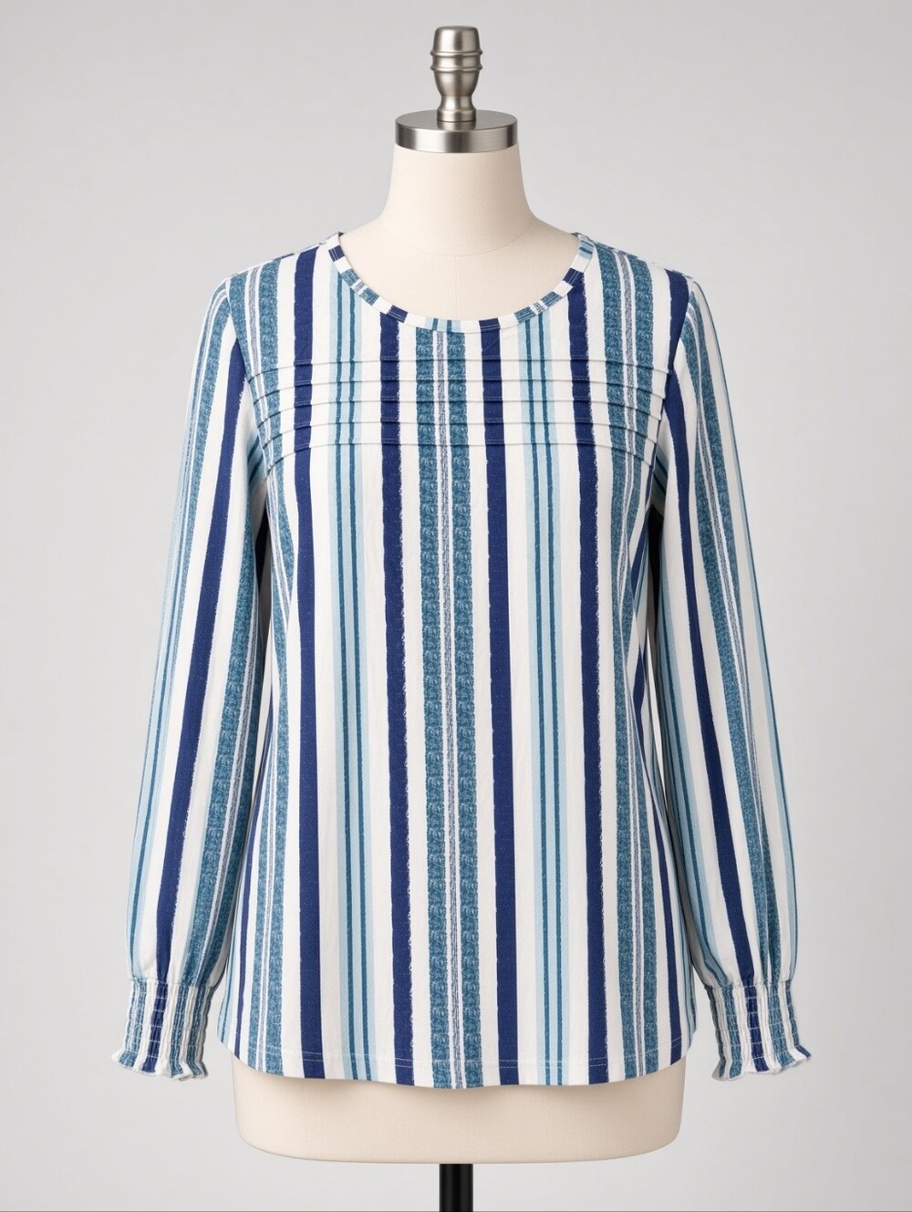 Striped Long-Sleeve Scoop Neck Top - Blue/White